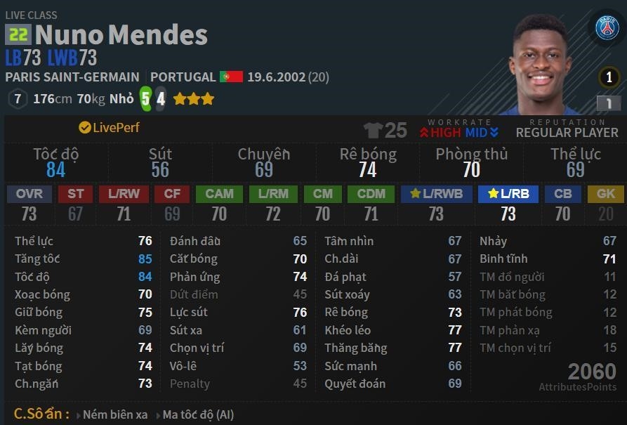 Chỉ số Nuno Mendes mùa Live là một trong những chỉ số quan trọng trong trò chơi bóng đá FIFA, thể hiện khả năng thi đấu của cầu thủ Nuno Mendes trong mùa giải đó.