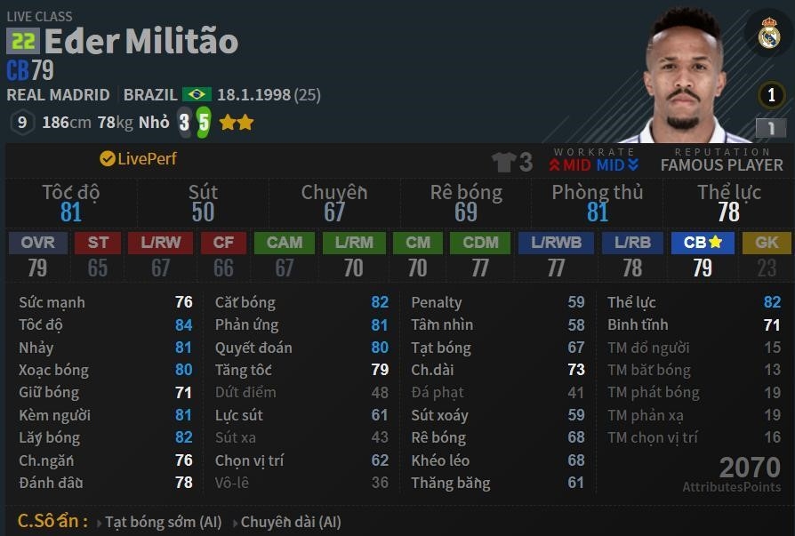 Chỉ số Militao mùa Live bao gồm tốc độ, kỹ thuật, sức mạnh và khả năng phòng thủ của cầu thủ, được đánh giá bởi các chuyên gia bóng đá và người hâm mộ trên toàn thế giới để đánh giá trình độ và đóng góp của Militao cho đội bóng.