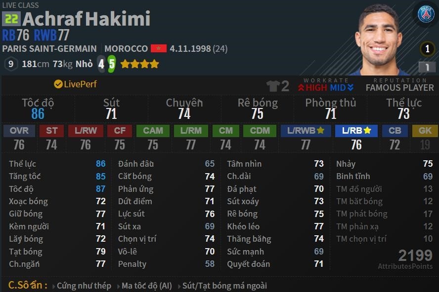 Chỉ số Hakimi mùa Live là thông tin đánh giá kỹ năng và khả năng thi đấu của cầu thủ Achraf Hakimi trong trò chơi FIFA, bao gồm tốc độ, kỹ năng đá phạt và kiến tạo, cùng nhiều yếu tố khác.